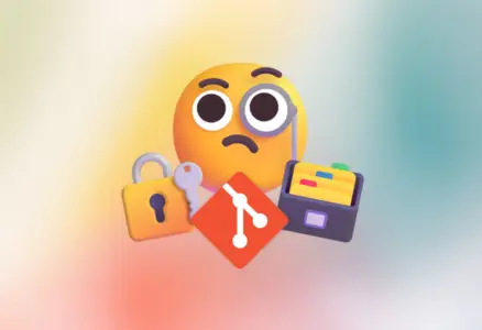 Floating 3D emoji of a face with a monocle, with a lock with a key 3D emoji below, followed by the Git logo and another 3D emoji of a document organizer, with a colorful, blurred background.